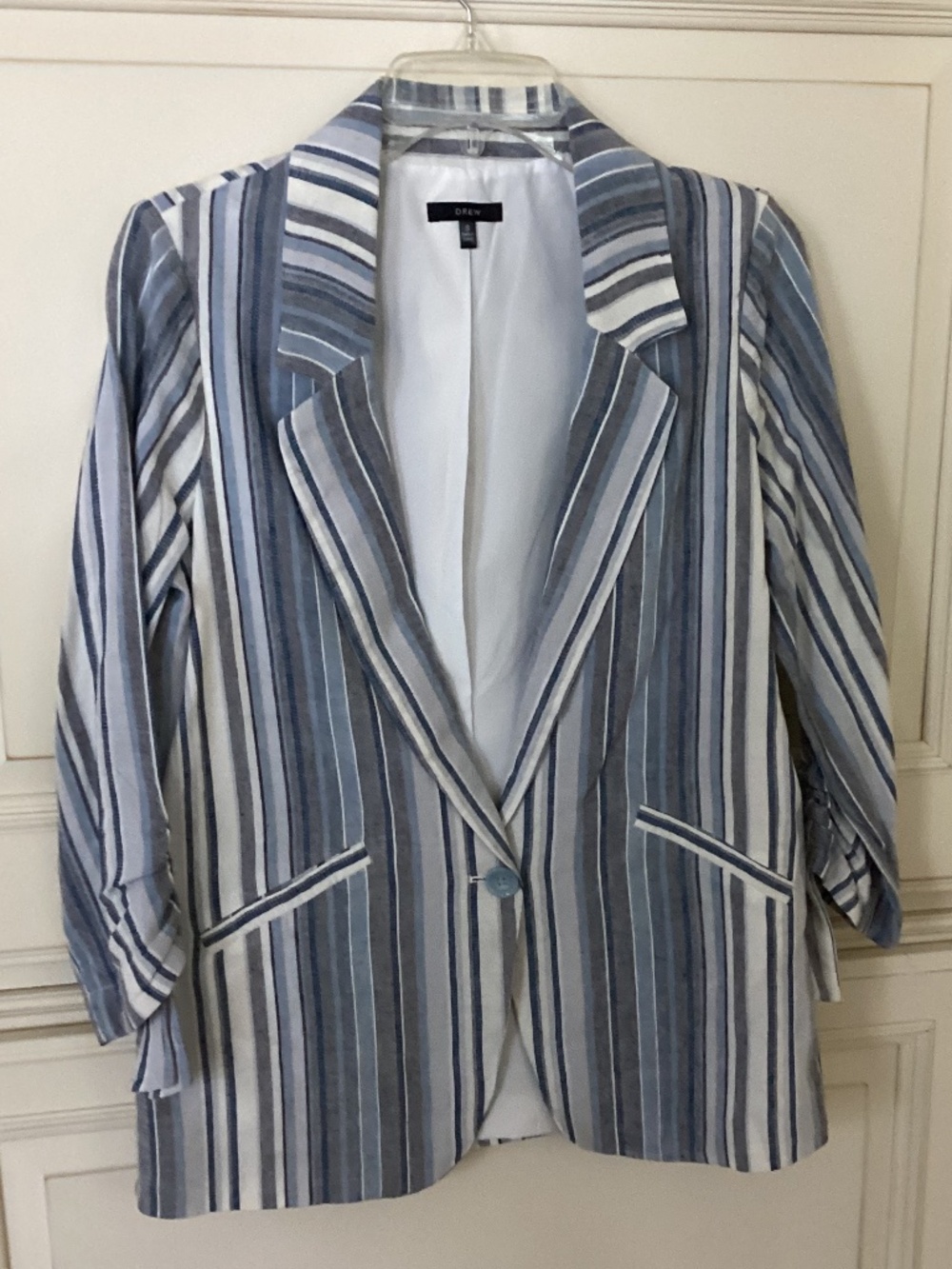 NWOT - DREW STRIPED BLUE GRAY WHITE JACKET - LINEN BLEND - SIZE S - Picture 2 of 10